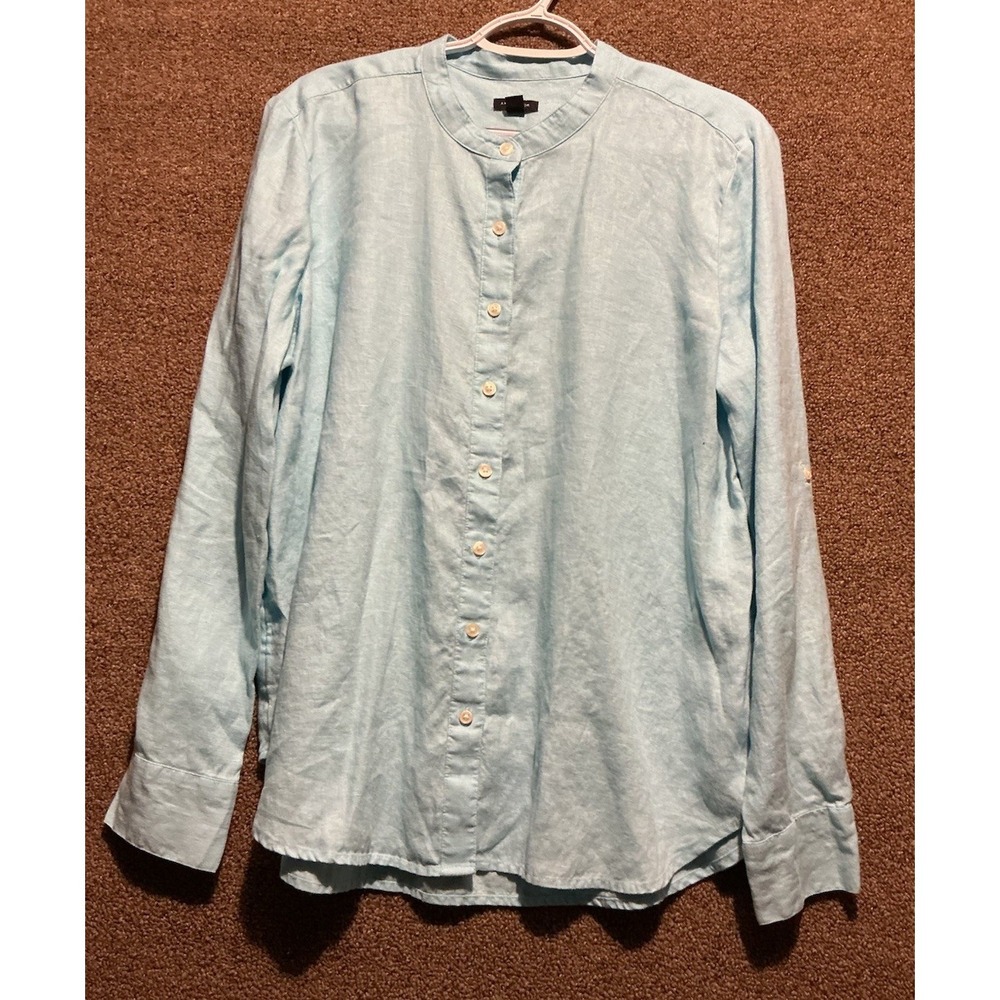 Ann Taylor Linen Long Sleeve Shirt Mandarin Collar Soft Blue L Roll Tab‎ Sleeves